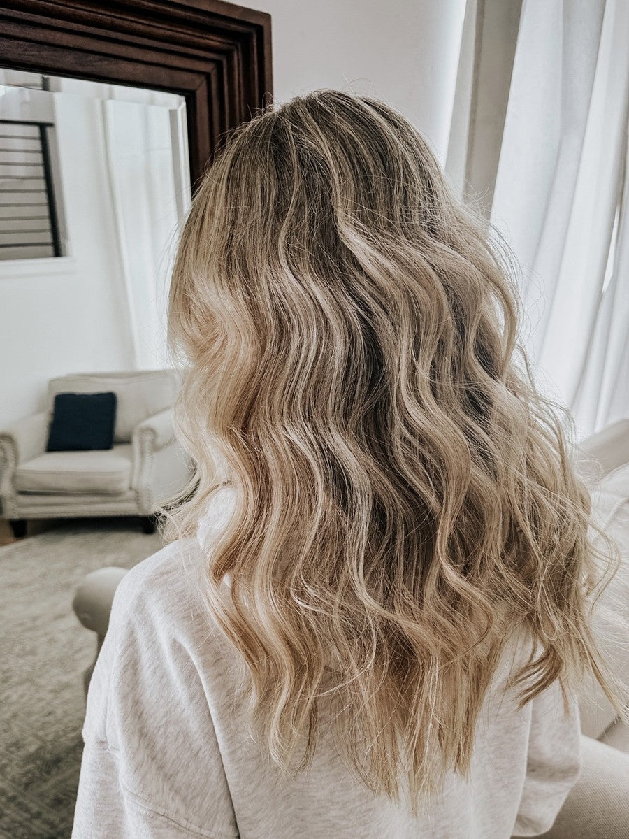 Loose blonde beachy waves from behind after the BeachWave CurlBand