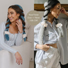 Cover Your Bases duo: a woman smiling in a Capri Blowout CurlBand and a woman in a striped shirt wearing a Cloud Classic CurlBand with cream silk scrunchies