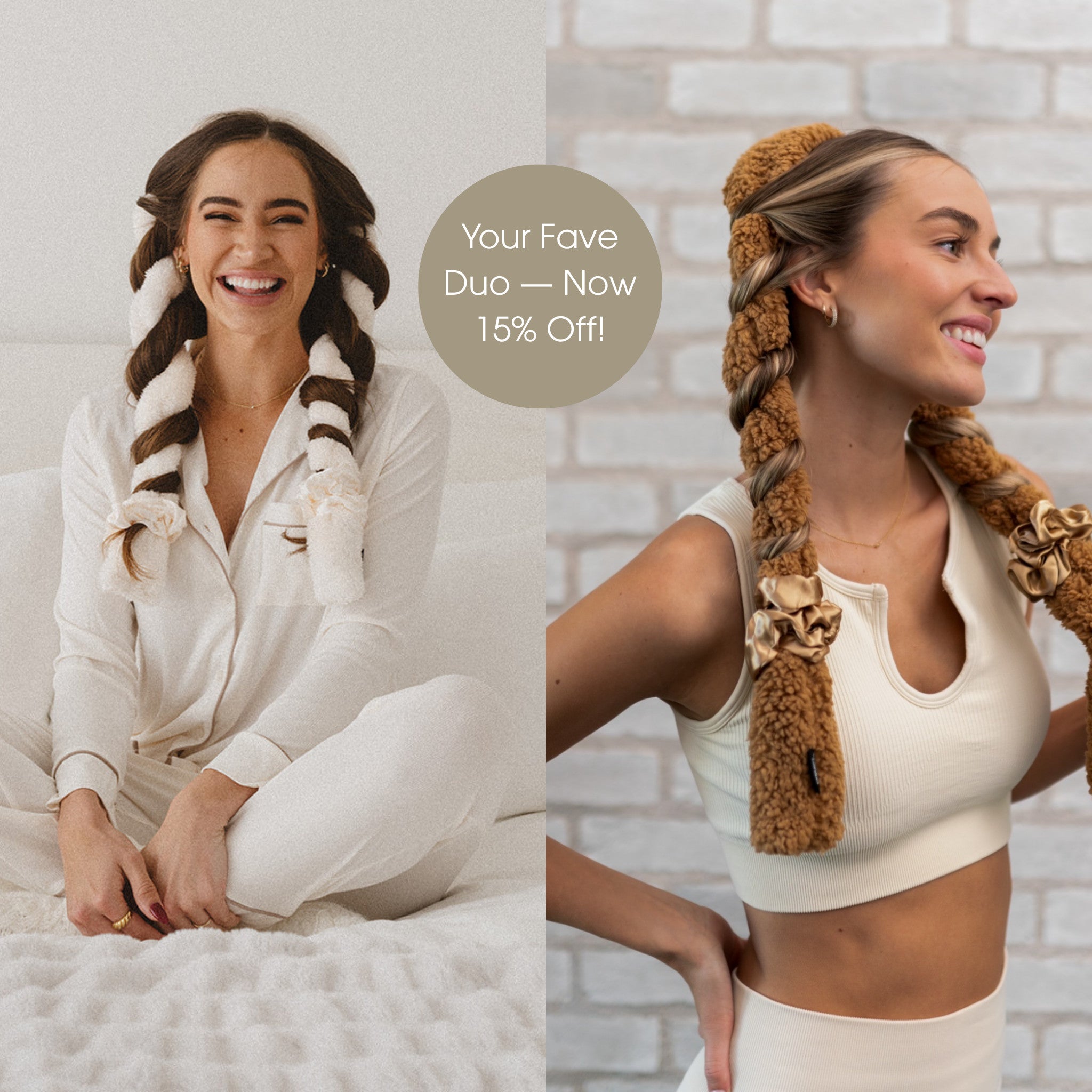 Cover Your Bases duo: a woman laughing in bed in a Cream Blowout CurlBand and a woman by a brick wall in a Brown Sugar Classic CurlBand with gold silk scrunchies