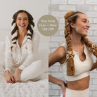 Cover Your Bases duo: a woman laughing in bed in a Cream Blowout CurlBand and a woman by a brick wall in a Brown Sugar Classic CurlBand with gold silk scrunchies
