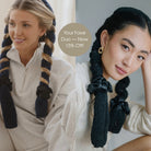 Cover Your Bases After Dark duo: a blonde woman in a Midnight Blowout CurlBand and a woman in a Black Classic CurlBand with black silk scrunchies