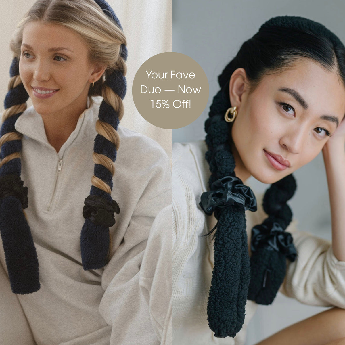 Cover Your Bases After Dark duo: a blonde woman in a Midnight Blowout CurlBand and a woman in a Black Classic CurlBand with black silk scrunchies