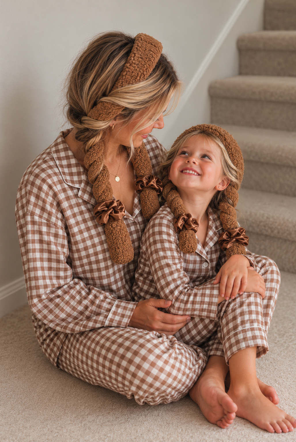 Mom and mini wearing matching brown sugar CurlBands with copper silk scrunchies in brown gingham pajamas